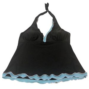 EKOUEAR HALTER TANKINI TOP BLACK WITH BLUE RUFFLE TRIM SIZE SMALL NEW WITH TAGS